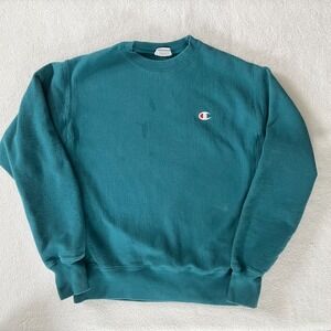 Y2K Grunge Thrashed Faded Holes Champion Reverse Weave Crewneck Mens Sz Med Teal